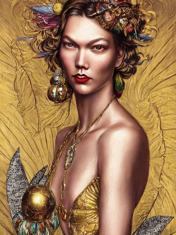Image similar to an golden age portrait of Karlie Kloss,embellished sequined,feather-adorned,by tom bagshaw,Cedric Peyravernay,Peter Mohrbacher,William Holman Hunt,William Morris,Catherine Nolin,metropolis,Gucci,Dior,trending on pinterest，maximalist,glittering,feminine