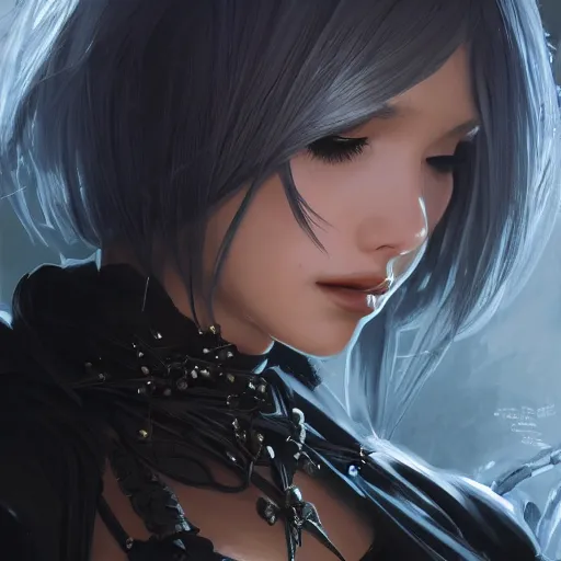 Prompt: closeup of 2B from NieR Automata, D&D, fantasy, intricate, elegant, highly detailed, digital painting, artstation, concept art, matte, sharp focus, illustration, hearthstone, art by Artgerm and Greg Rutkowski and Alphonse Mucha