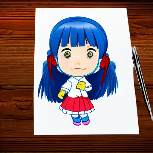 Image similar to a perfect professional sketch of a funny and cute Japanese schoolgirl, by ink pen with a few colored pens, in style of Disney Pixar, CalArts, on high quality paper