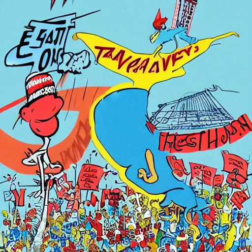 Image similar to The East Coast–West Coast hip hop rivalry, attacks, illustrated by Dr Seuss