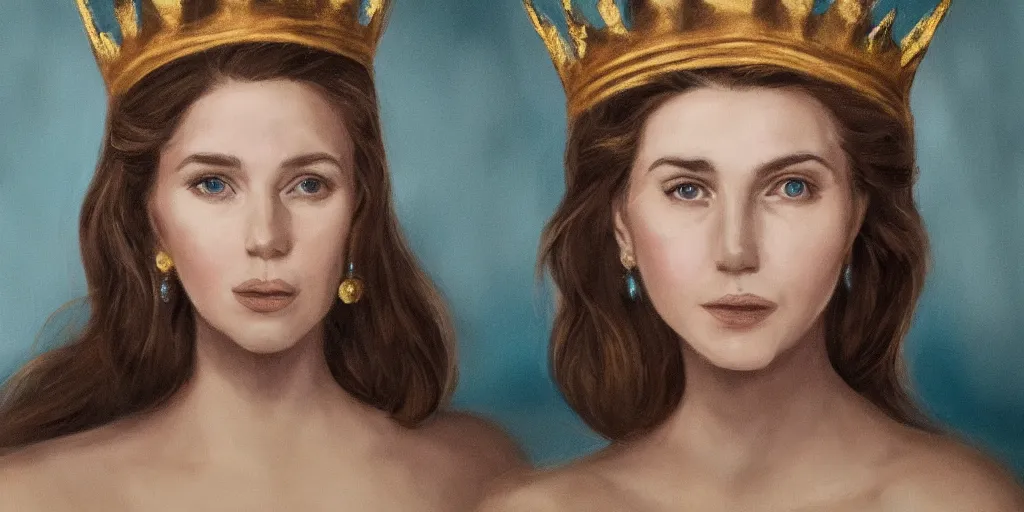 Prompt: realistic portrait of the future queen with golden crowns and pretty eyes, ultra realistic, 8k