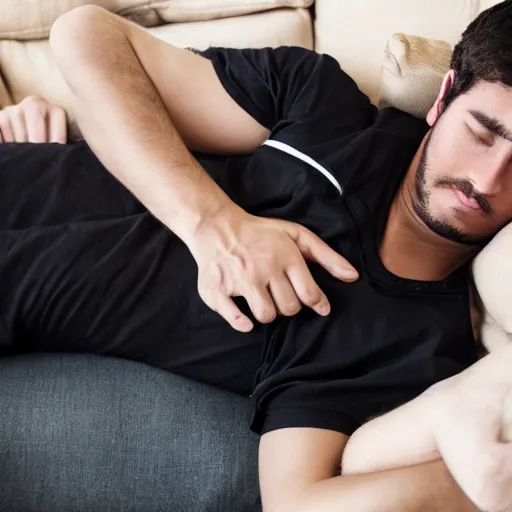 Image similar to man laying face down on a couch, the man is wearing black shirt and blue shorts, a black and white cat is climbing on him