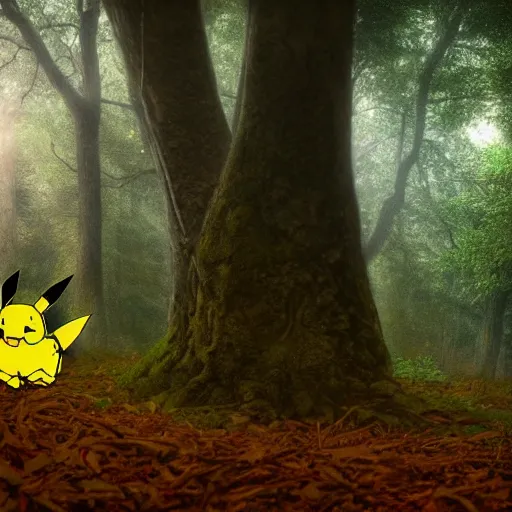 Image similar to very very intricate photorealistic photo of pikachu peeking through a tree in a forest, photo is in focus with detailed atmospheric lighting, award - winning details