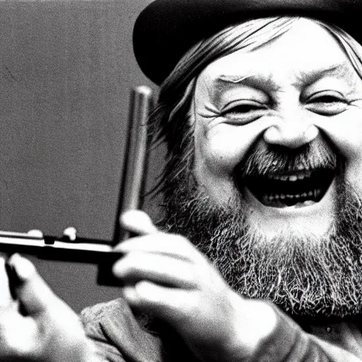 Image similar to robert wyatt laughing maniacally and pointing a gun directly at the camera