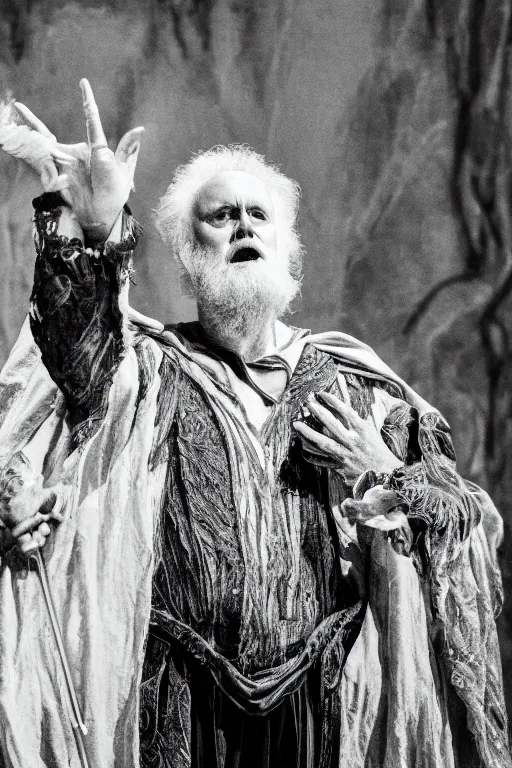 Image similar to a photograph of John Lithgow as Prospero from the stage production of The Tempest taken with Nikon D3500, highly detailed