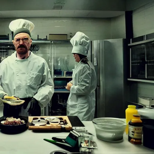 Image similar to Walter white in his lab with Jesse Pinkman Cooking Noodles , 8k UHD photography , perfect faces , award winning , Breaking bad aesthetic