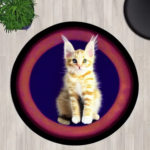 Image similar to a playful cream colored maine coon kitten is alone in a dark and dusty parlor. it plays with cat toys on a colorful round throw rug. 8 k, 4 k, digital art, artstation