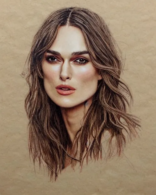 Image similar to highly detailed portrait of keira knightley, drawn on kraft paper with red, black, and white chalk