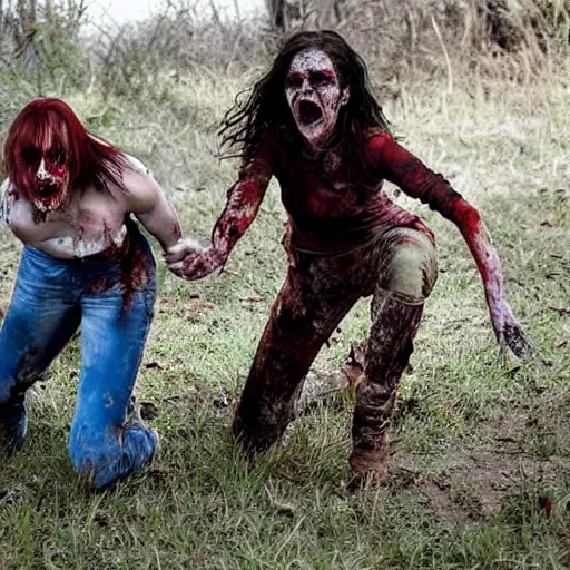 Image similar to horror movie still of two zombie woman fighting,