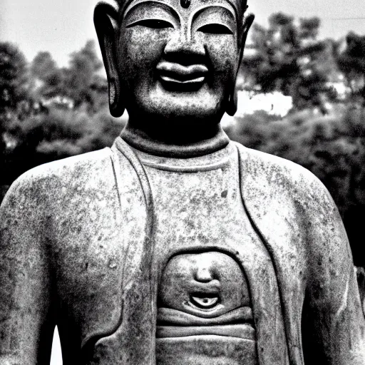 Image similar to frowning buddah at a 1988 grateful dead concert, hyperrealism candid 35mm grainy film photography