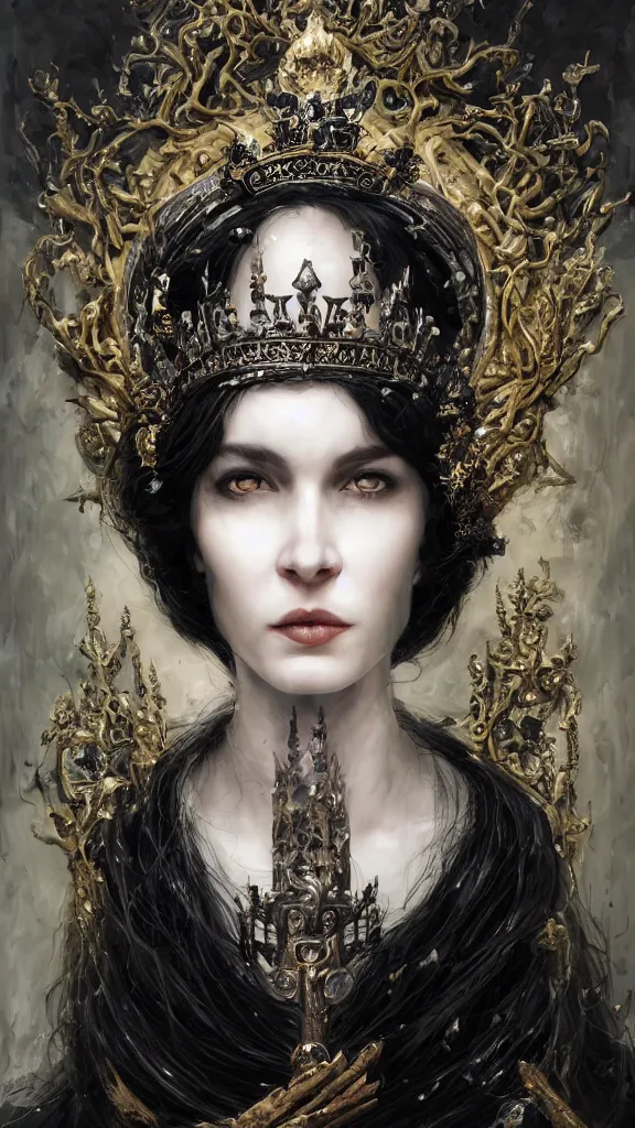 Image similar to a beautiful black haired woman with pale skin and a crown on her head sitted on an intricate metal throne, intimidating woman, large black eyes, high forehead, smooth pale skin, ethereal skin, ominous, eldritch. oil painting by nuri iyem, james gurney, james jean, greg rutkowski, highly detailed, soft lighting, chiaroscuro