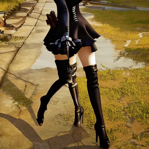 Image similar to 2B from NieR Automata looking at a sundown