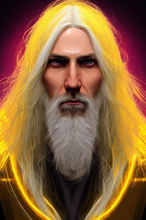 Image similar to Portrait of male mage with long white hair, yellow face, photorealistic, highly detailed, artstation, smooth, sharp focus, gold ornaments, neon lighting, sci-fi, art by Klimt