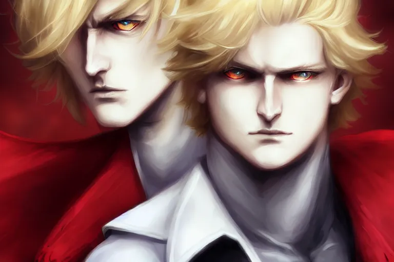 Prompt: digital art of a pale menacing Angel of Battle with fluffy blond curls of hair and piercing red eyes, johan liebert mixed with Dante, gilded black uniform, he commands the fiery power of resonance and wrath, by WLOP, Artstation, CGsociety