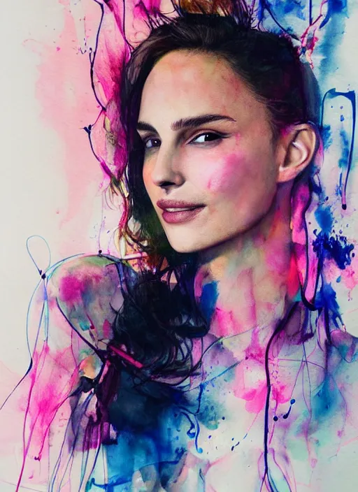 Prompt: sexy seducing smile nathalie portman yoga pose by agnes cecile, half body portrait, extremely luminous bright design, pastel colours, ink drips, autumn lights
