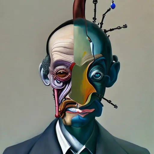 Image similar to Salvador dali portrait half face robot,highly detailed, very coherent, painted by Francis Bacon and Edward Hopper, Wayne Barlowe, painted by James Gilleard, surrealism, airbrush, art by JamesJean