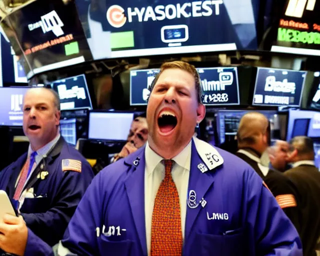 Prompt: Bears screaming on the floor of the NYSE as the markets rally to all-time highs