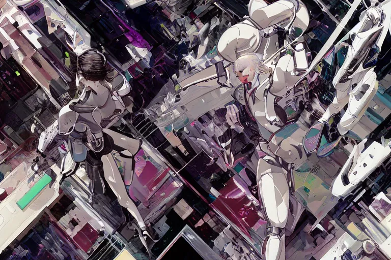 Image similar to a finely composed cyberpunk illustration of a group of white female androids' in style of hajime sorayama, lying scattered over an abstract, empty, white floor, by masamune shirow and katsuhiro otomo, hyper-detailed, colorful, view from above, wide angle, close up, spacious