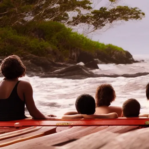 Prompt: four people stranded in the ocean on a wooden raft, ultra realistic, photorealism, 8 k, bokeh still from the movie