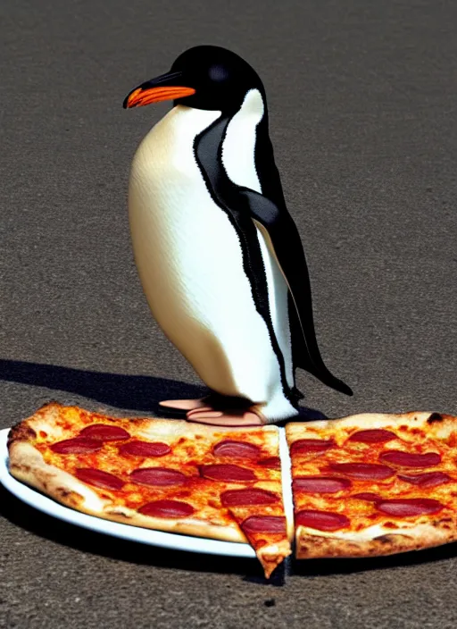 Image similar to a penguin eating a slice of pizza