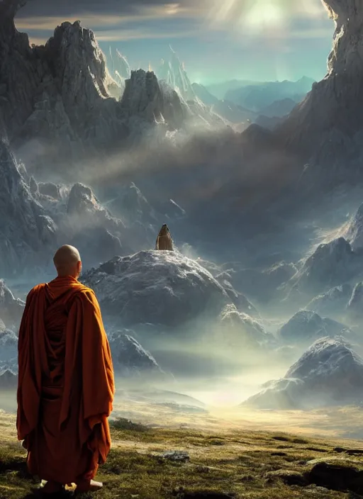 Image similar to a cosmic monk in lord of the rings scenery landscape, looking out at a futuristic alien spaceship in the sky, sunrise, god's rays, highly detailed, vivid color, cinematic lighting, perfect composition, 8 k, gustave dore, derek zabrocki, greg rutkowski, belsinski, octane render