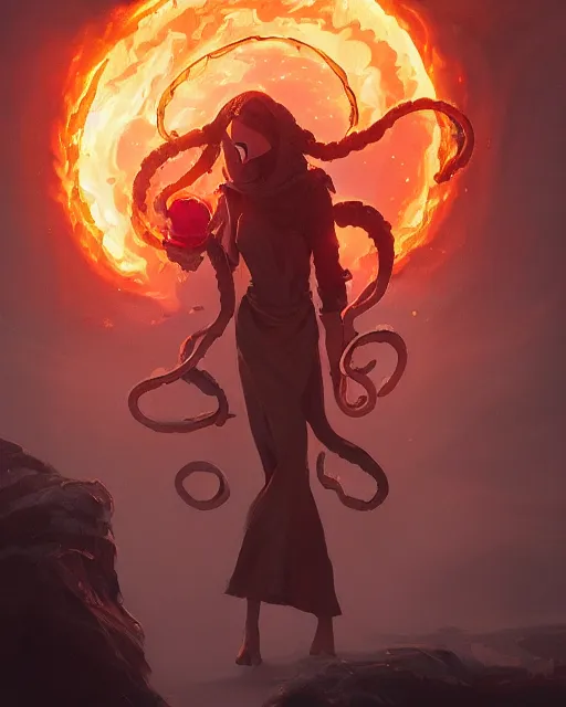 Prompt: tentacled [ [ squidward ] ] wearing fire nation clothing and practicing firebending outside at susnset, [ greg rutkowski ]