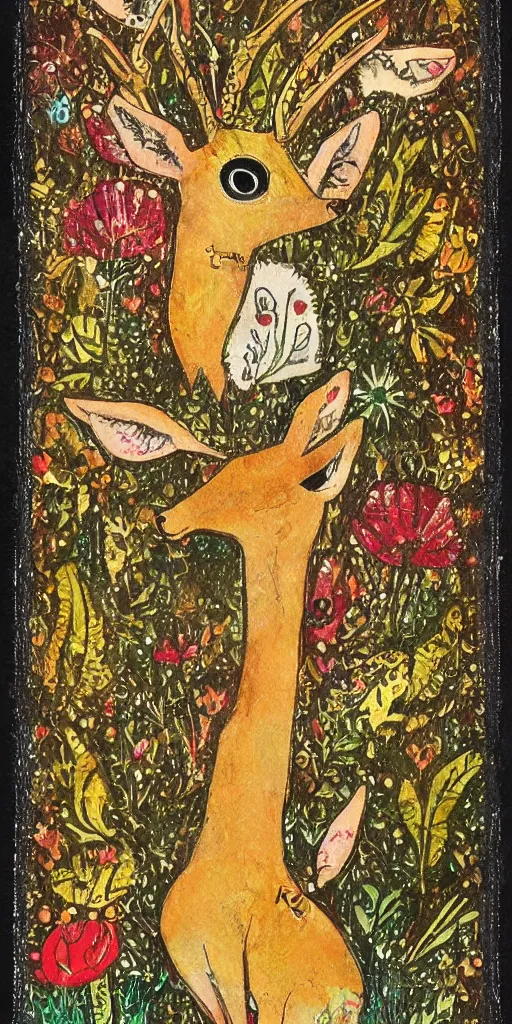 Prompt: tiny golden deer singing, children's book illustration, traditional folk art style, highly reliefed mixed media collage, outsider art, tarot card