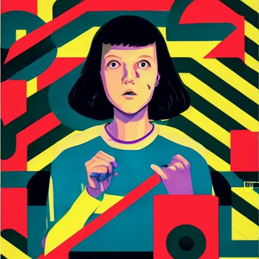 Prompt: Millie Bobby Brown as 11 by Sachin Teng , dark vibes, Organic Painting , Matte Painting, geometric shapes, hard edges, graffiti, street art:2 by Pixar (2009):4
