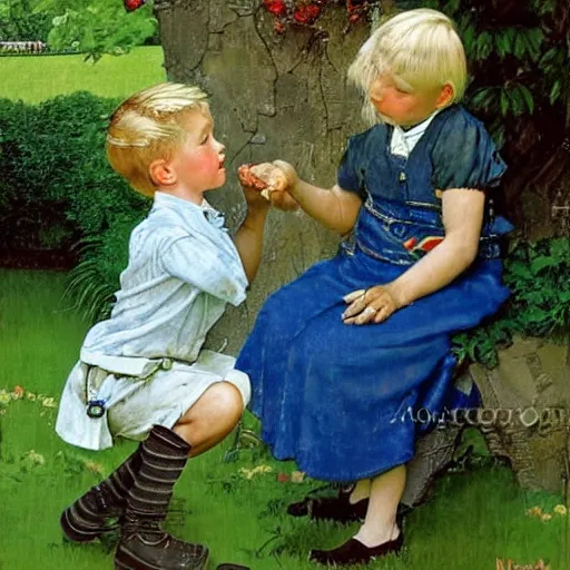 Prompt: a cute seven year old boy with tousled blonde hair and blue eyes in a lovely garden, beautiful painting by norman rockwell and raymond swanland, highly detailed face