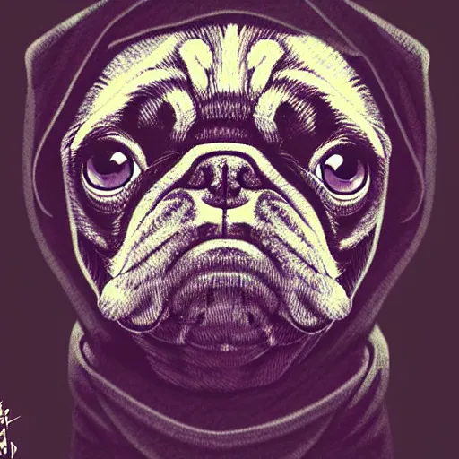 Prompt: a sad pug wearing a hoodie, the word'sad'is written on the hoodie in upper case letters, digital art, synthwave style, trending on artstation, matte painting