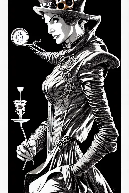 Prompt: side view of a majestic steampunk alchemist wizard holding a martini, high details, bold line art, by vincent di fate and joe fenton, inking, etching, screen print, masterpiece, trending on artstation, sharp, high contrast, hyper - detailed,, hd, 4 k, 8 k