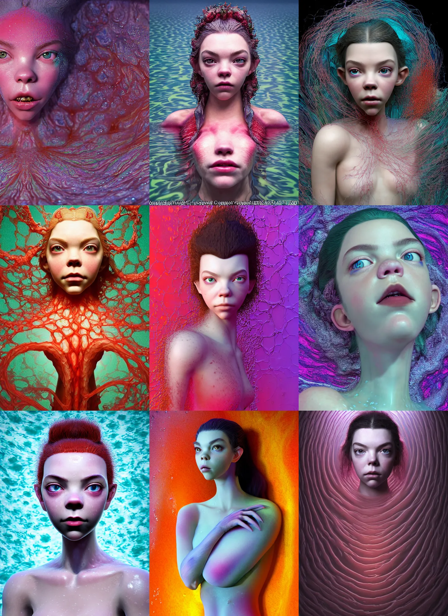 Prompt: hyper detailed 3d render like a Oil painting - very coherent Concrete displacement mapped profile subsurface scattering (a beautiful fae princess protective playful expressive from dark crystal that looks like Anya Taylor-Joy) seen red carpet photoshoot in UVIVF posing in caustic light pattern pool of water to Eat bite of the Strangling network of yellowcake aerochrome and milky Fruit and His delicate Hands hold of gossamer polyp blossoms bring iridescent fungal flowers whose spores black the foolish stars by Jacek Yerka, Ilya Kuvshinov, Mariusz Lewandowski, Houdini algorithmic generative render, golen ratio, Abstract brush strokes, Masterpiece, Victor Nizovtsev and James Gilleard, Zdzislaw Beksinski, Tom Whalen, Mark Ryden, Wolfgang Lettl, hints of Yayoi Kasuma and Dr. Seuss, Grant Wood, octane render, 8k