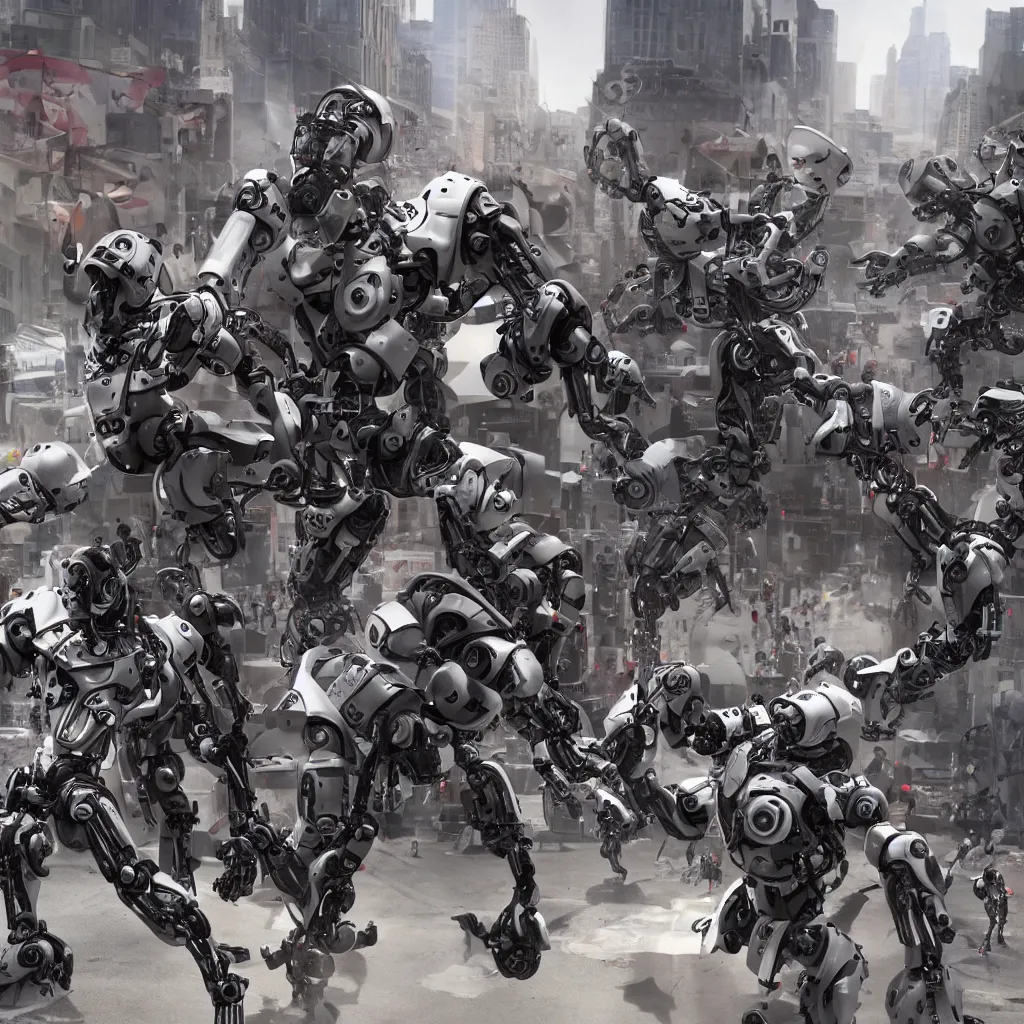 Image similar to robotic rebellion, cyborgs raise against humans in the streets, ocfane render, photo realistic, hyper realistic, 8 k resolution