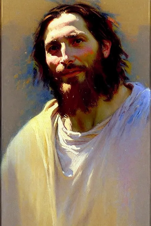 Image similar to impressionist brushstrokes!!!!!!!!! solomon joseph solomon and richard schmid and jeremy lipking victorian loose genre loose painting full length portrait painting of jesus with a slight smile happy inviting