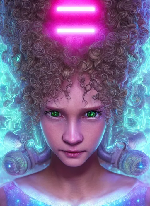 Image similar to glowwave portrait of a curly hair alien from star wars, au naturel, hyper detailed, digital art, trending in artstation, cinematic lighting, studio quality, smooth render, unreal engine 5 rendered, octane rendered, art style by klimt and nixeu and ian sprigger and wlop and krenz cushart.