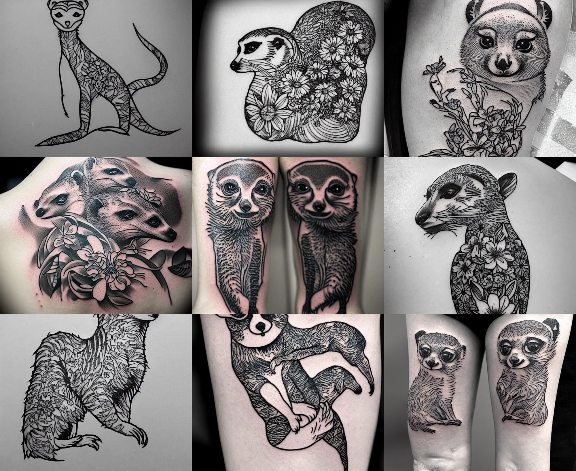 Image similar to detailed amazing tattoo stencil of a meerkcat standing flowers