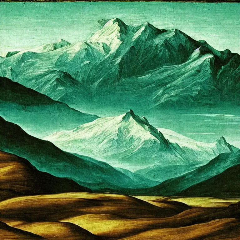 Prompt: caucasus mountains at night, renaissance painting, teal palette