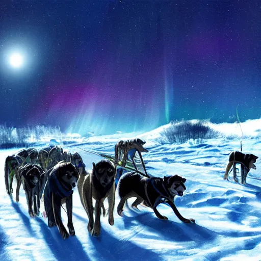 Prompt: a winter scene at night, northern lights, dog sled team, matte painting, high quality, trending on artstation