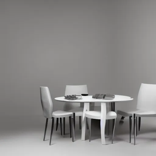 Prompt: a dining set designed by james dyson, white background, studio photograph