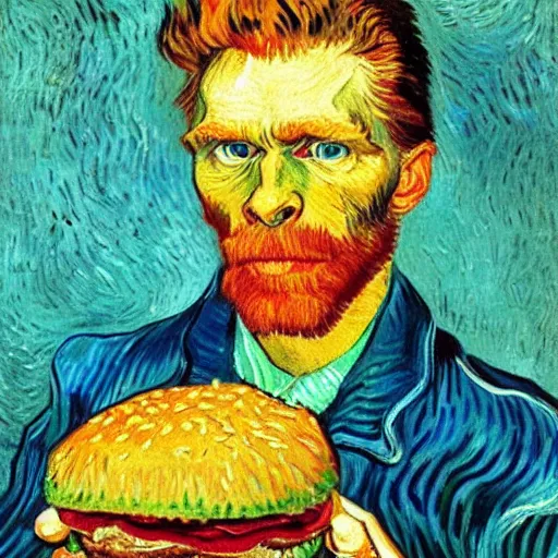 Prompt: portrait of willem dafoe with a giant hamburger. painting by vincent van gogh, oil on canvas, rich deep colors.