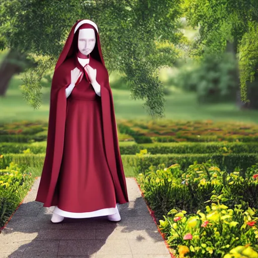 Image similar to young nun with light red long hair standing in a garden, 4k, detailed face, high details, 2D, art, behance