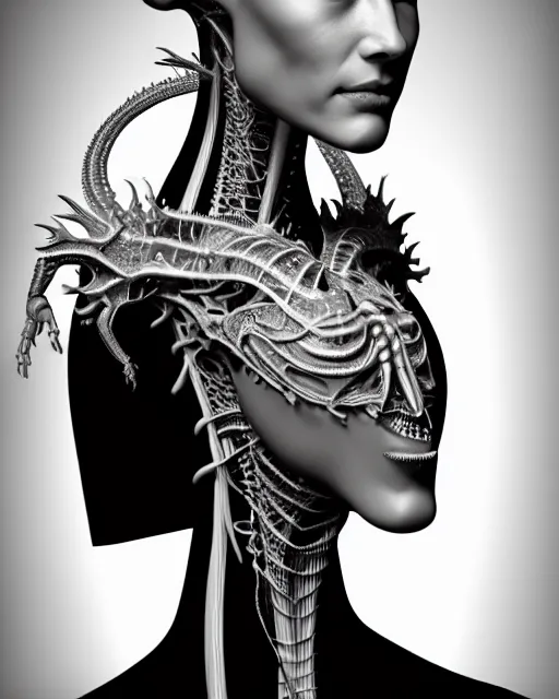 Image similar to a black and white 3D render of a young beautiful female queen-dragon-cyborg bust with a very long neck and a partial Mandelbrot fractal face, anatomical, flesh, facial muscles, veins, arteries, elegant, highly detailed, flesh highly ornate, cable wires, elegant, high fashion, rim light, octane render, in the style of H.R. Giger, Realistic, Refined, Digital Art, Highly Detailed, Cinematic Lighting, rim light, black and white, photo-realistic, 8K