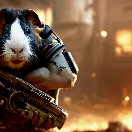 Prompt: guinea pig in gears of war, splash art, movie still, detailed face, photorealistic facial features, cinematic lighting, dramatic, octane render, long lens, shallow depth of field, bokeh, anamorphic lens flare, 8 k, hyper detailed, 3 5 mm film grain