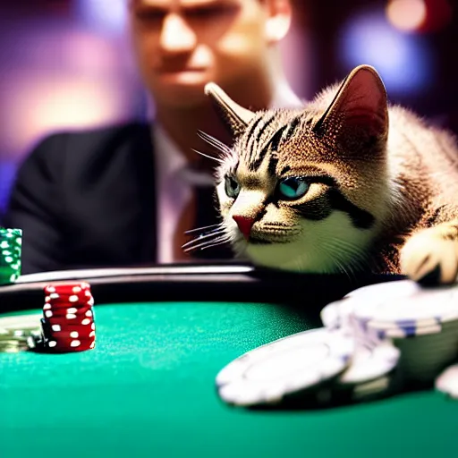 Image similar to man holding a toy cat and a spoon, sitting at a blackjack table, casino, las vegas, 8 k, highly detailed, photo realistic, unreal engine