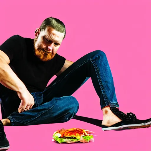 Image similar to man eat his own leg with pink ketchup