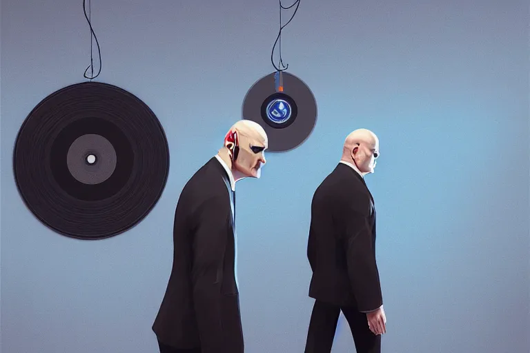 Prompt: an expressive portrait of agent 4 7 from hitman wearing headphones in front of a wall of vinyl records, dark background, blue rim light, digital art, artstation, art by giger stalenhag