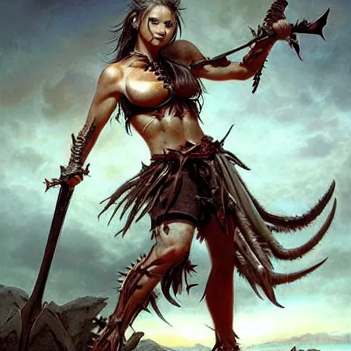 Prompt: realistic art style, warrior girl, muscular girl, wild spiky black hair, long spiky hair, electrified hair, holding scimitar made of bone, scimitar, sword, jagged sword, curved sword, orkish sword, colorized, gray skin, hyper - detailed, primeval fantasy, prehistoric fantasy, art by jacques - louis david