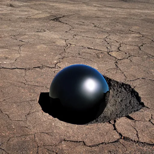 Prompt: A giant shiny black sphere, crashed in the ground, cracks, gas fire in cracks, viewed from the side, hd photograph