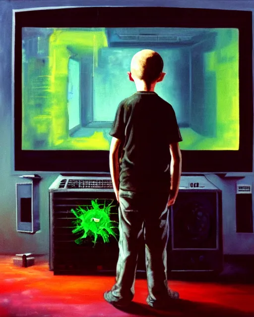 Image similar to an 8 years old enlightened and scared boy standing in front of an old computer with a game doom2 at the monitor screen painted by Adrian Ghenie, by Gerhard Richter. still from a 2021 movie by James Cameron. expressive acrylic oil flowing smudged painting