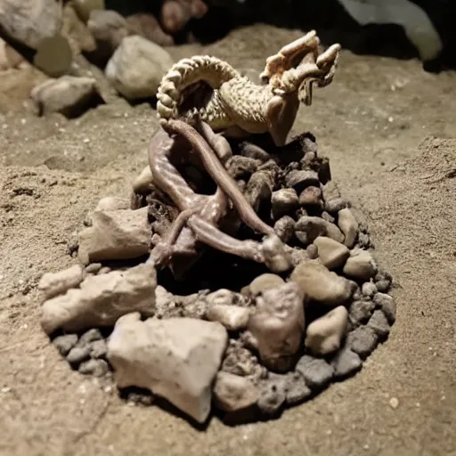 Image similar to a tiny clay model of a dragon protecting its treasure pile, bones scattered across the cave floor, resin and clay art.